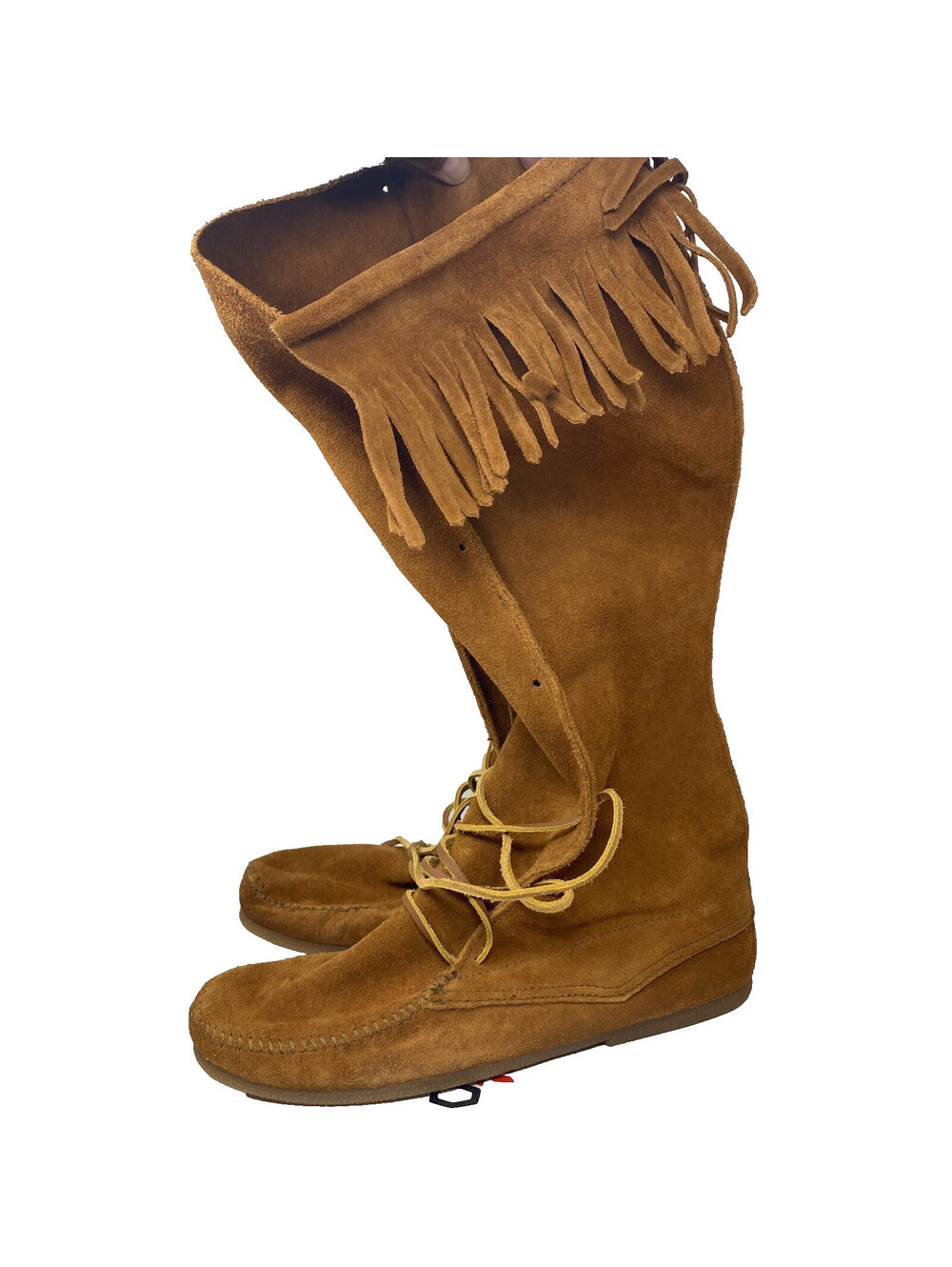 Minnetonka Men's Front Lace Knee High Fringe Boots Brown Suede Size 11 922